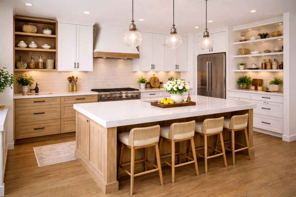 kitchen countertop with modern island, open shelves, and closed cabinet storage