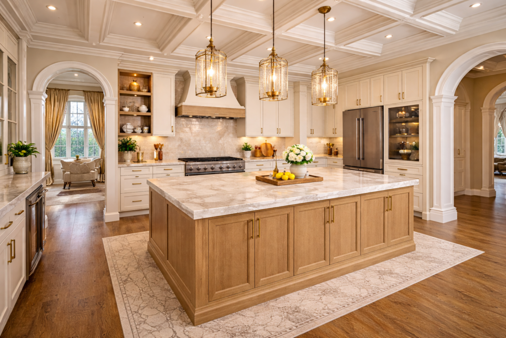 kitchen countertop in grand luxury kitchen with large marble island and premium cabinetry