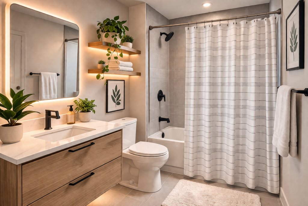 Modern bathroom interior with a neutral-toned shower curtain, wooden vanity, and matte black fixtures