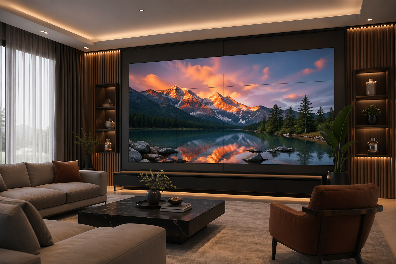 Modern living room featuring a sleek LED video walls installation as a digital decor centerpiece, enhancing ambient lighting and interior aesthetics