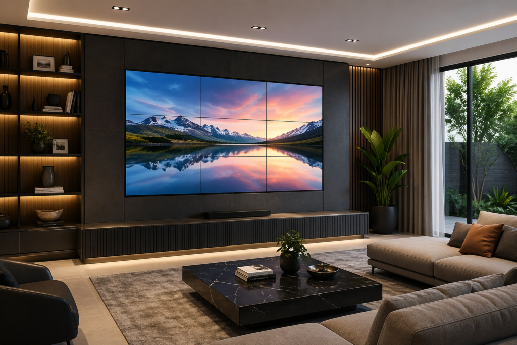 Modern living room with large video walls displaying scenic landscape, sleek furniture, and ambient lighting