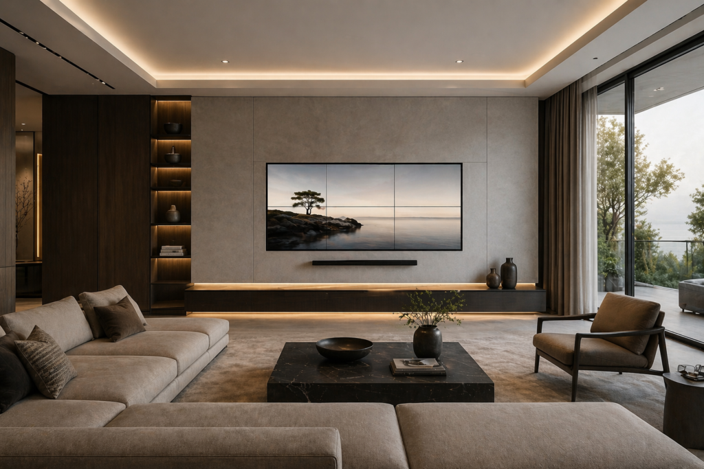 Luxury living room with minimal video walls, neutral tones, sleek furniture, and soft ambient lighting