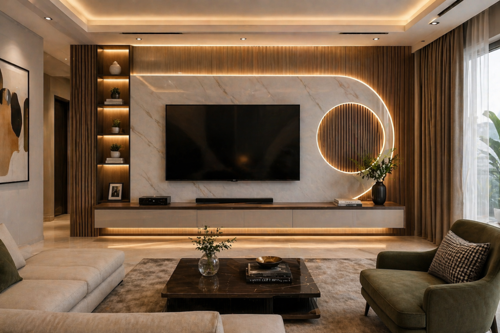 Modern living room with LED wall decor and stylish video walls, warm lighting, and sleek furniture