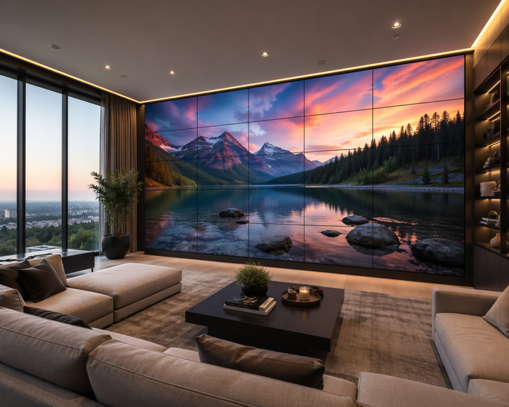 Modern living room featuring floor-to-ceiling video walls displaying a scenic mountain landscape with soft ambient lighting