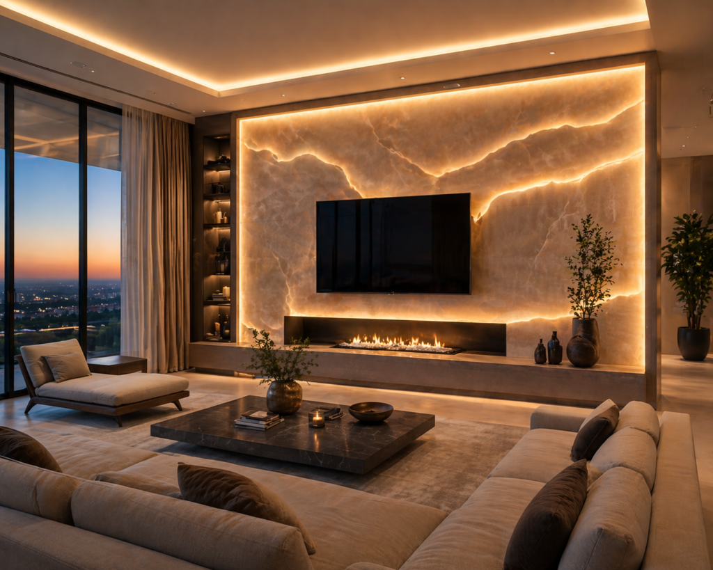 Luxury living room with soft ambient glow wall and integrated video walls behind a modern fireplace