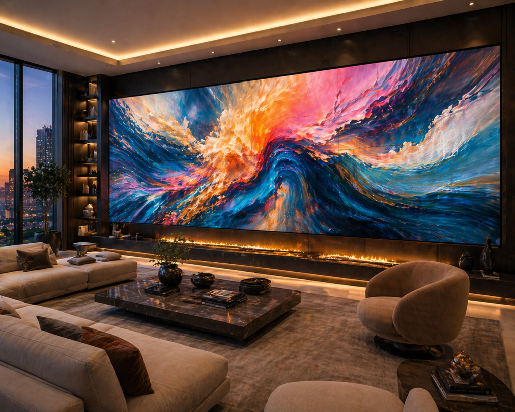 Unique living room with large digital art display video walls showcasing vibrant abstract artwork above a sleek fireplace