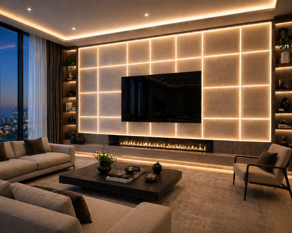 Modern living room with LED panel grid design video walls and built-in fireplace creating a warm ambient setting