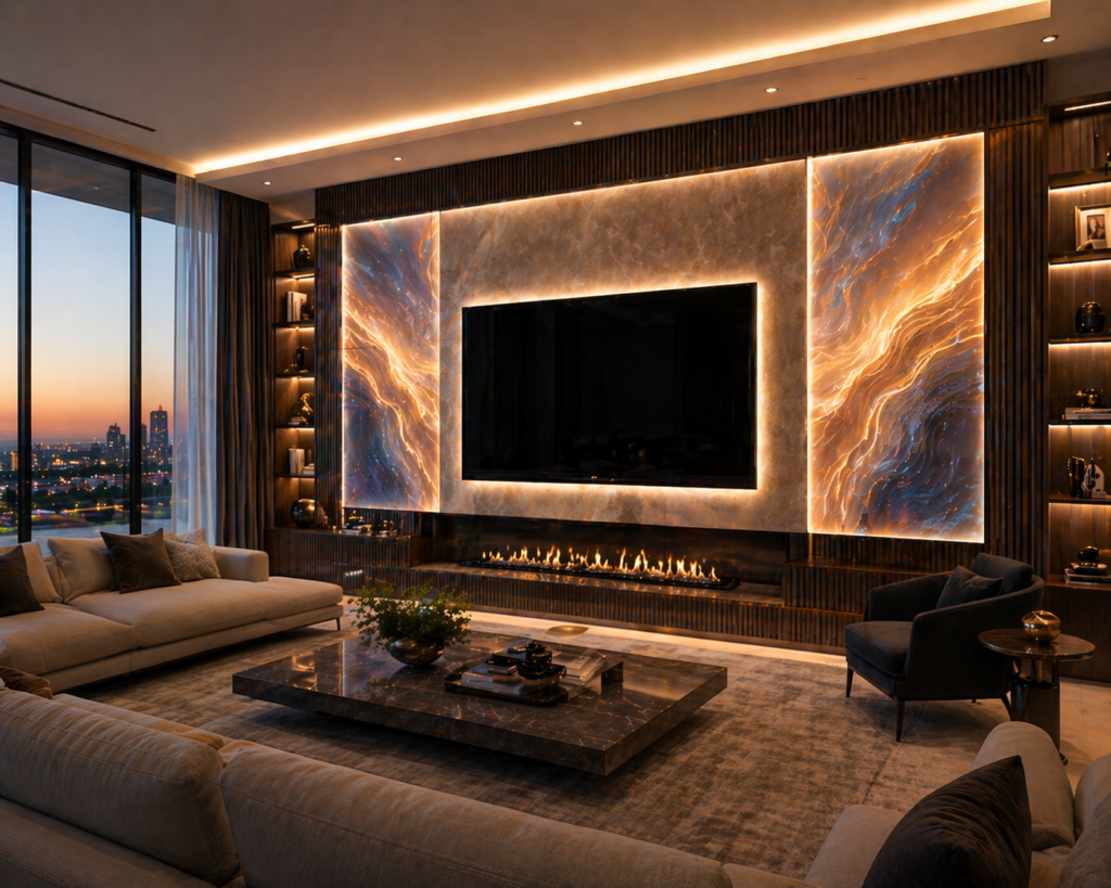Luxury living room with TV and LED hybrid video walls featuring glowing panel design and modern fireplace