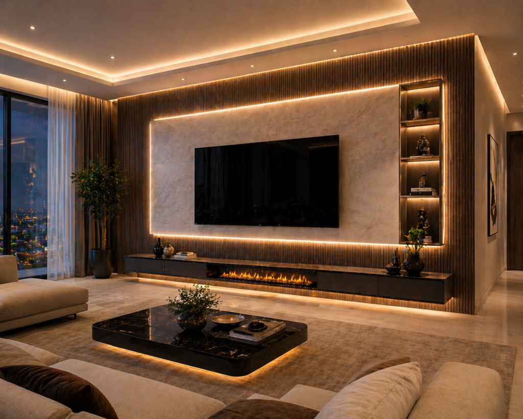 Modern living room with floating LED wall design and sleek video walls creating a soft ambient glow