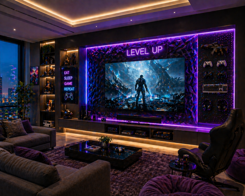 Unique gaming living room with immersive video walls, RGB lighting, and large screen display as a focal point