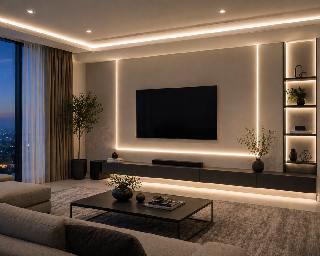 Modern living room with minimal linear LED design and sleek video walls creating a clean ambient look