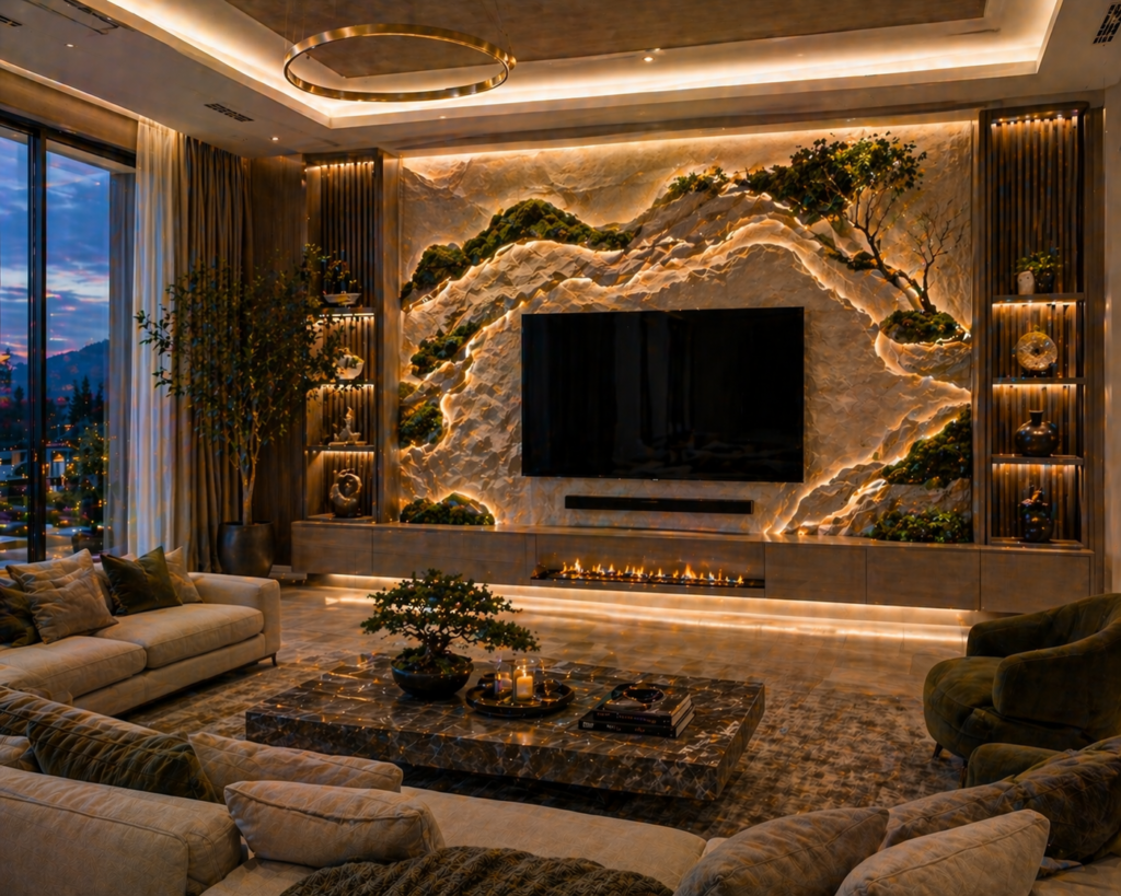 Luxury living room with nature-inspired LED wall and integrated video walls creating a warm organic design