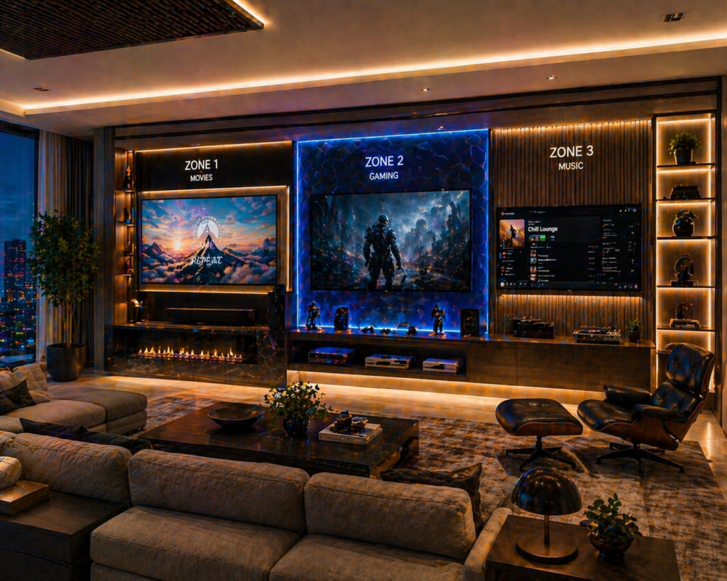 Unique living room with multi-zone video walls setup for movies, gaming, and music with ambient LED lighting