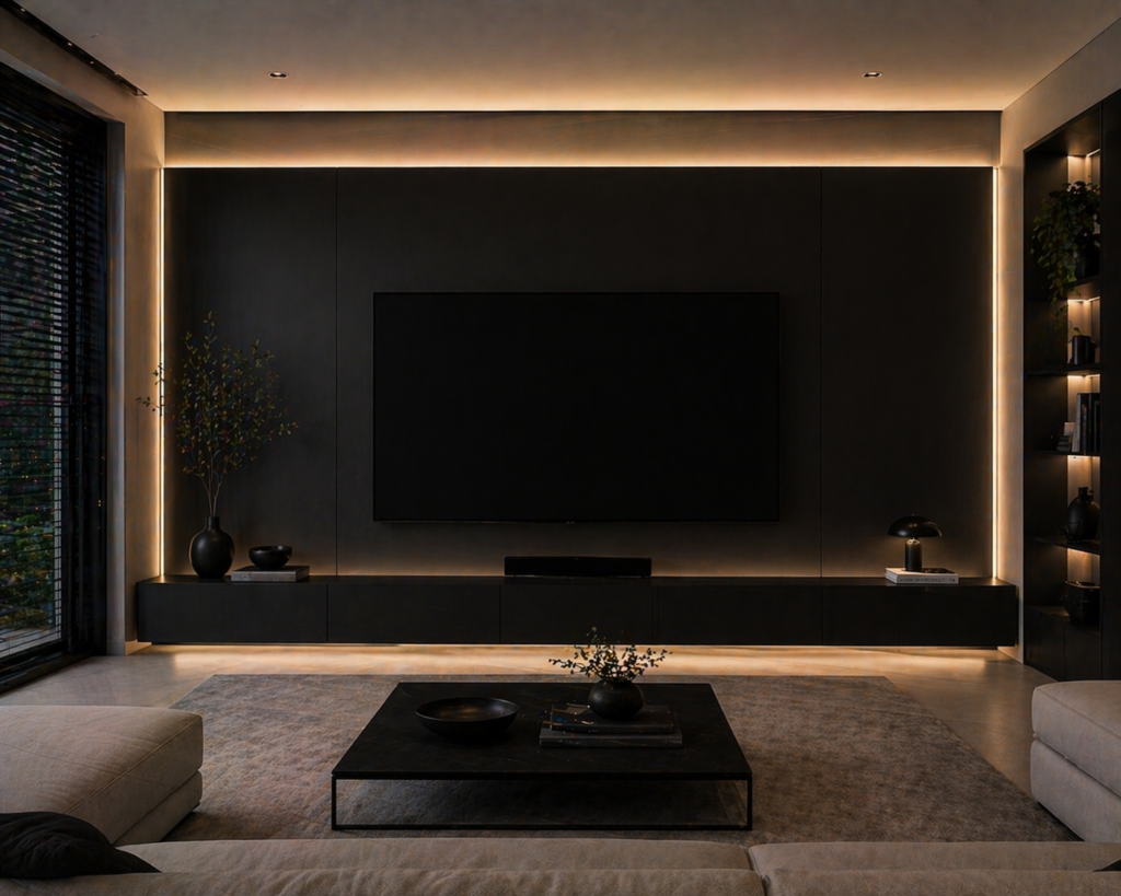 Modern living room with ultra-minimal black screen video walls and soft ambient LED lighting