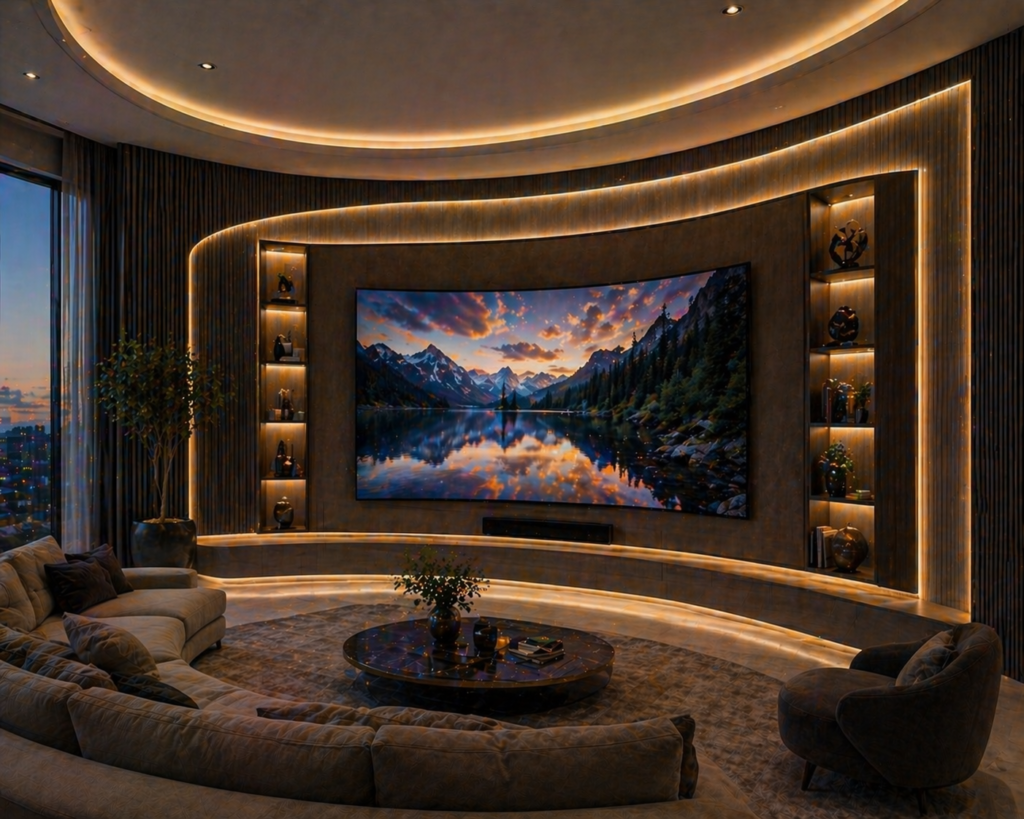 Unique living room with curved LED video walls and immersive panoramic display design