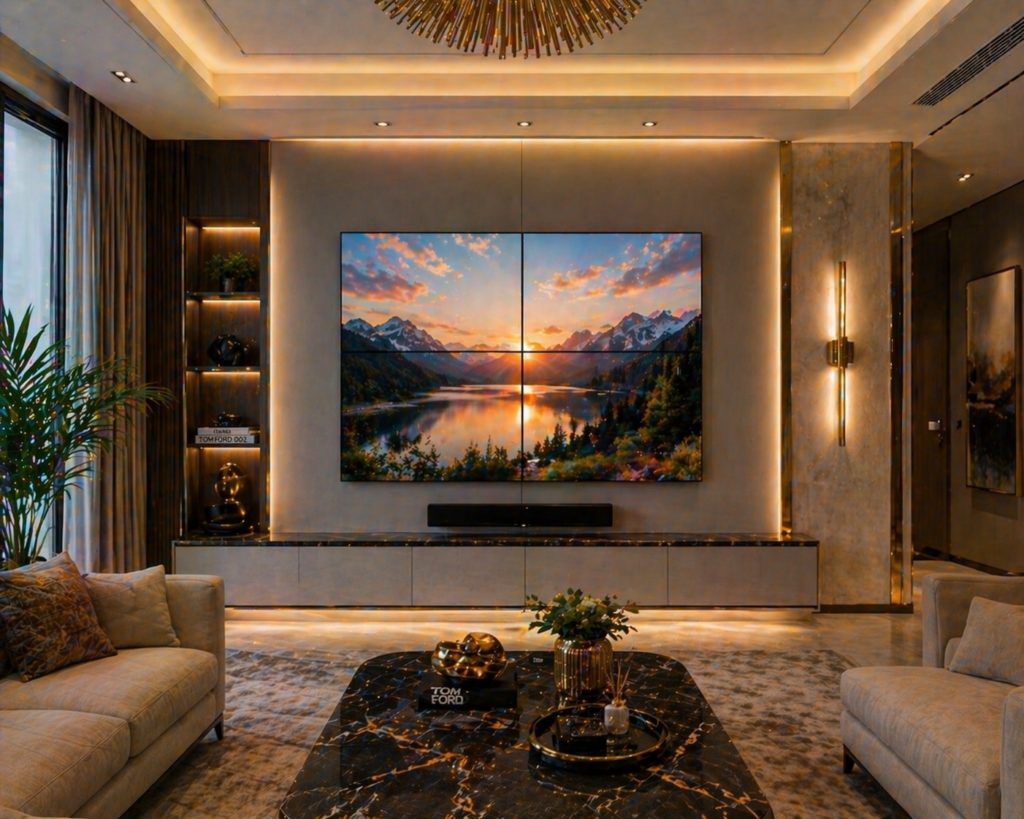 Luxury living room with compact 2x2 video walls setup displaying scenic landscape with warm ambient lighting