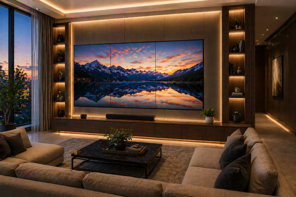 Modern living room with seamless video walls displaying a mountain landscape and soft ambient lighting