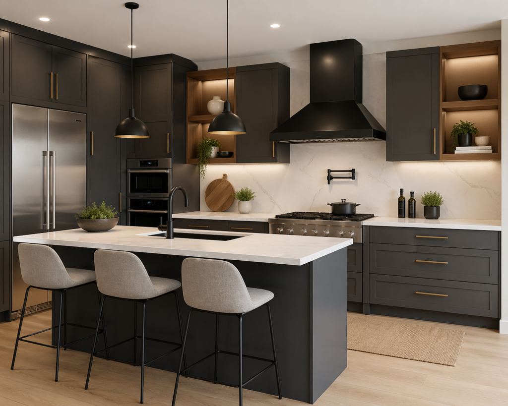 Modern kitchen with a sleek black kitchen range exhaust hood above a gas stove, white island countertop, and dark cabinets.
