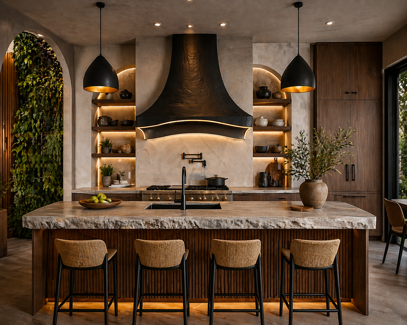 Unique modern kitchen with a sculptural kitchen range exhaust hood, stone island, warm wood cabinets, and soft ambient lighting.