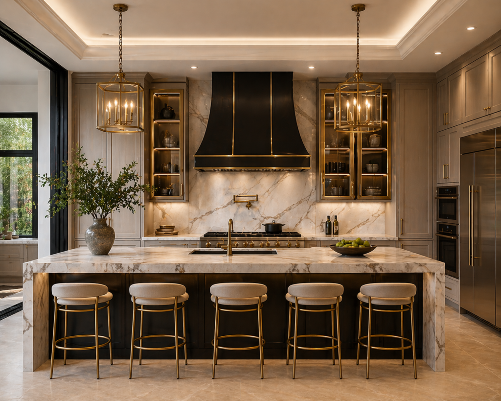 Luxury kitchen with a premium kitchen range exhaust hood, marble countertops, custom cabinetry, and elegant lighting.
