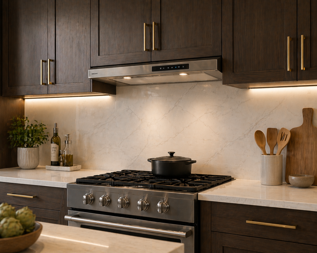 Modern kitchen with an under-cabinet kitchen range exhaust hood above a gas stove, wood cabinets, and soft under-cabinet lighting.