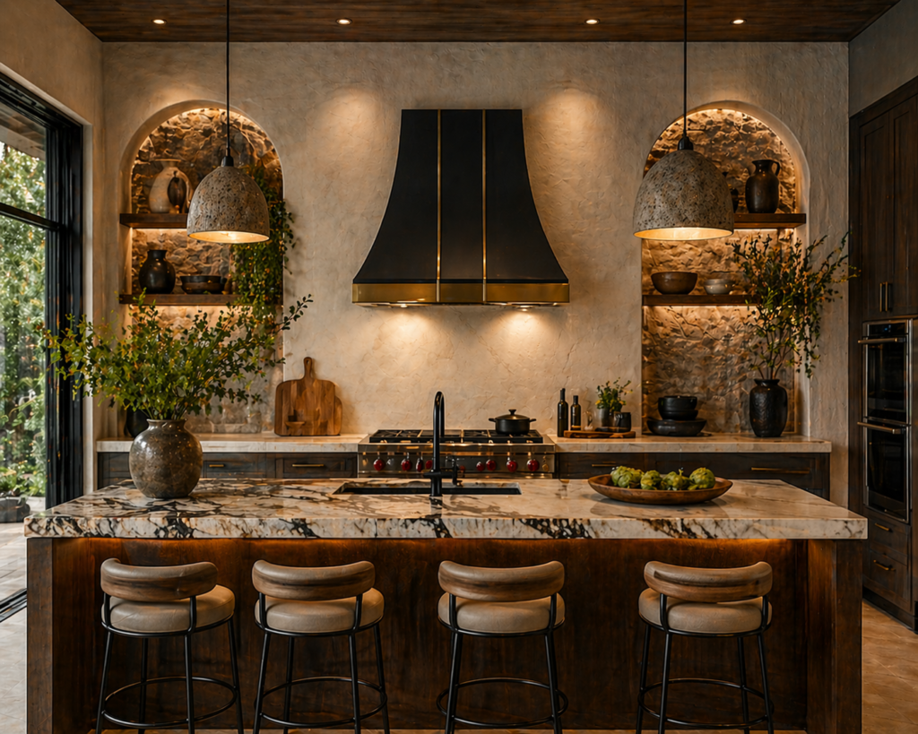 Unique kitchen with a wall-mounted kitchen range exhaust hood above a stove, marble island, wood cabinetry, and warm ambient lighting.