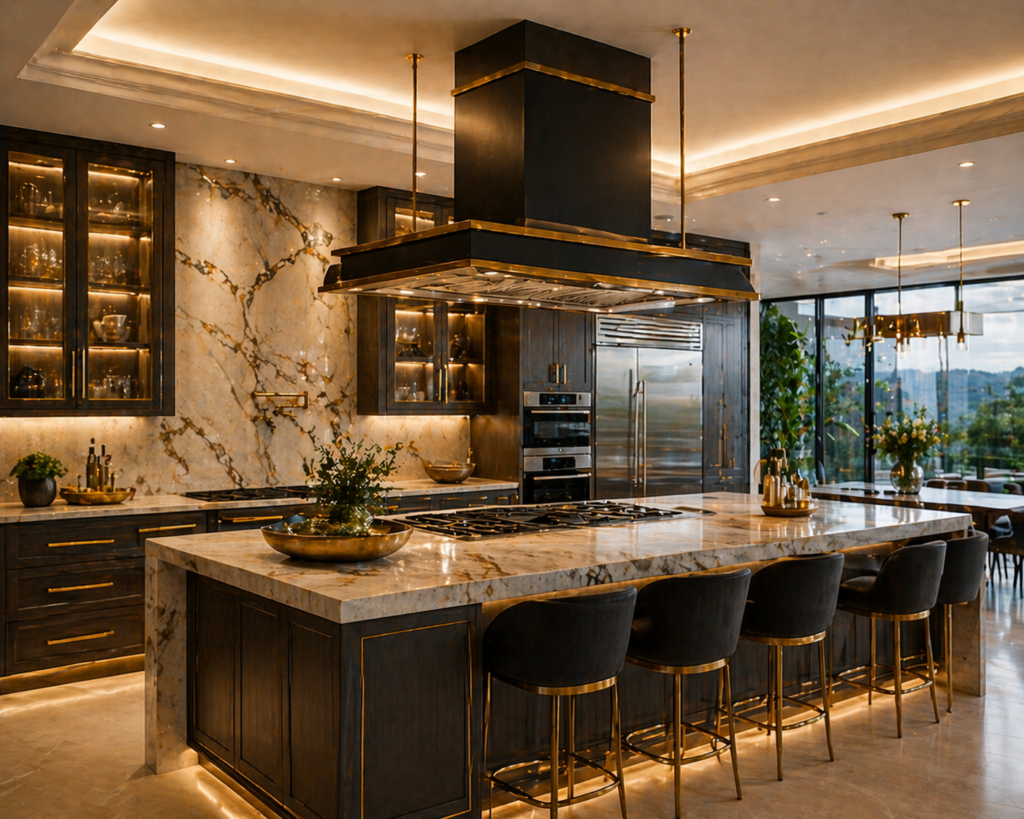 Luxury kitchen with an island kitchen range exhaust hood above a central cooktop, marble island, dark cabinetry, and warm lighting