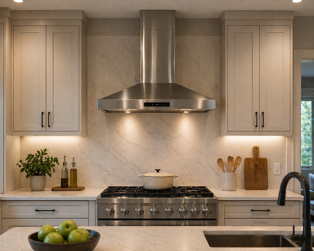 Modern kitchen with a ducted kitchen range exhaust hood connected to ceiling ventilation, light cabinets, and marble backsplash.