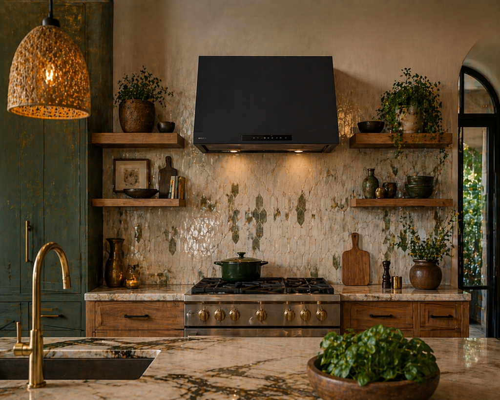 Unique kitchen with a ductless kitchen range exhaust hood, textured backsplash, wooden shelves, and warm ambient lighting.