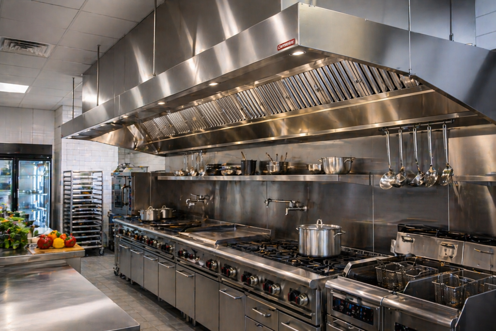 Modern commercial kitchen with a large stainless steel kitchen range exhaust hood above a professional cooking line.
