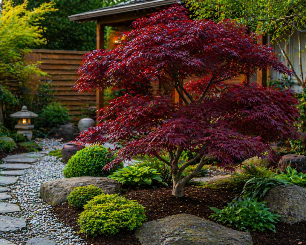 Japenese maple ‘Bloodgood’ with deep red leaves in a landscaped garden with stones and shrubs