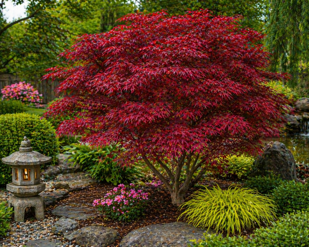 Japenese maple ‘Crimson Queen’ with cascading red leaves in a landscaped garden