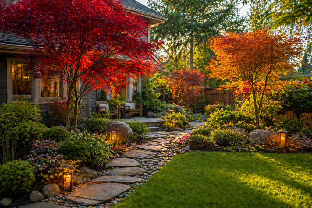 Home garden with japenese maple trees featuring red and orange foliage along a stone pathway