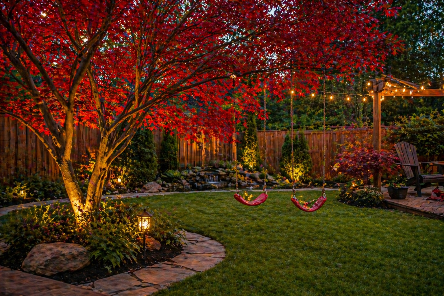 Backyard with japenese maple tree and wooden swings under red foliage