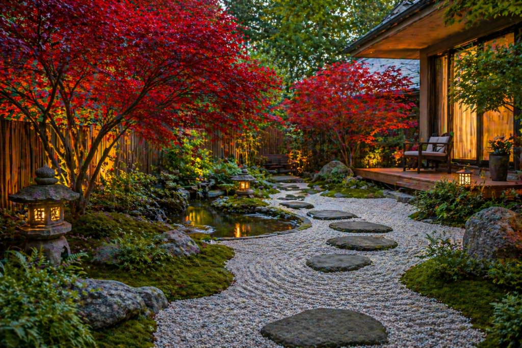 Zen-style home garden with japenese maple trees, stone path, and minimal landscape design