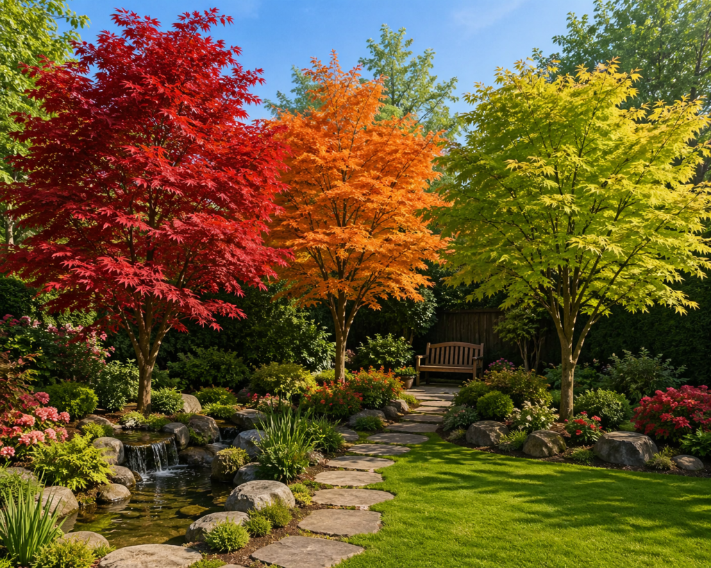 Japanese maple trees in a peaceful garden with stone path and small waterfall