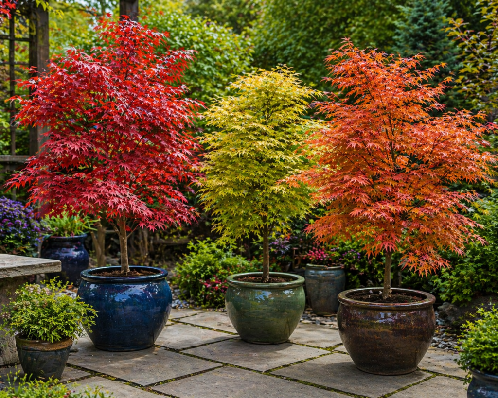 Japanese maple trees in pots arranged in a modern garden with clean layout