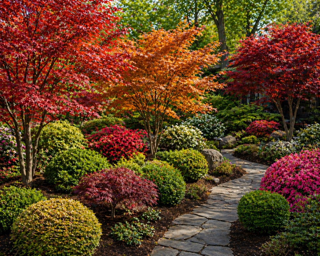 Japanese maple trees with green bushes in a landscaped garden setting