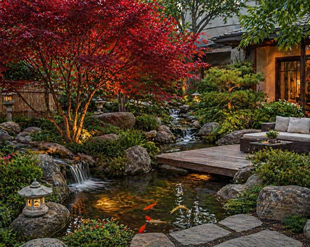 Japanese maple tree beside a garden water feature with pond, stones, and soft lighting