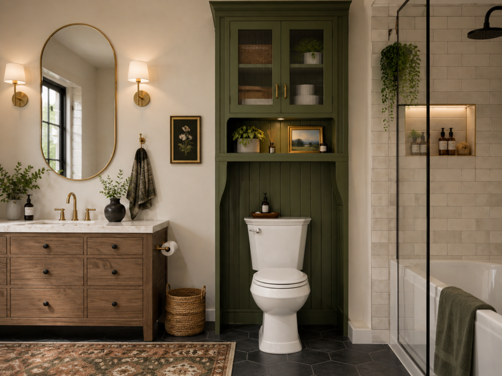 Unique bathroom with green over-the-toilet cabinets for the bathroom, wood vanity, round mirror, and glass shower in a modern layout.