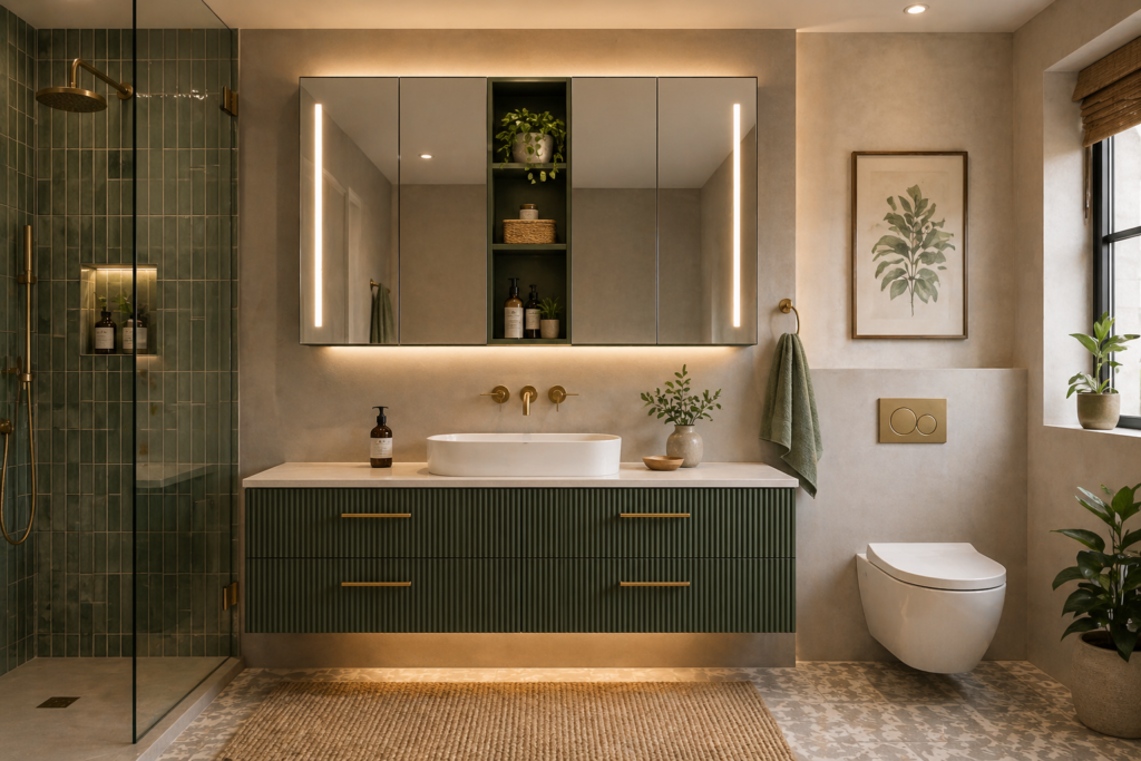 Modern bathroom with mirror cabinets for the bathroom, floating vanity, green textured drawers, and glass walk-in shower.