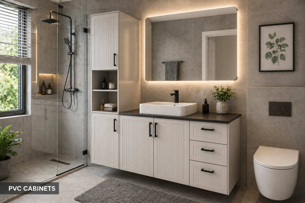 Modern bathroom with PVC cabinets for the bathroom, white vanity, LED mirror, and glass shower with clean tile walls.