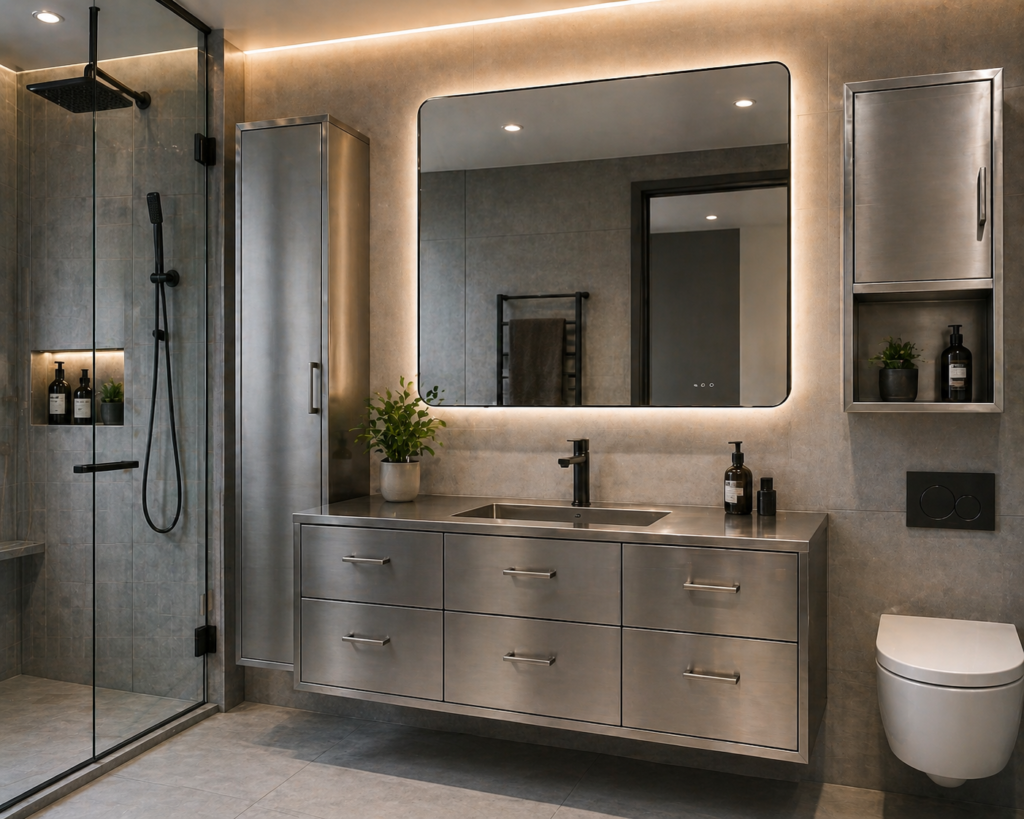 Modern bathroom with metal cabinets for the bathroom, floating vanity, LED mirror, glass shower, and sleek gray tile walls.