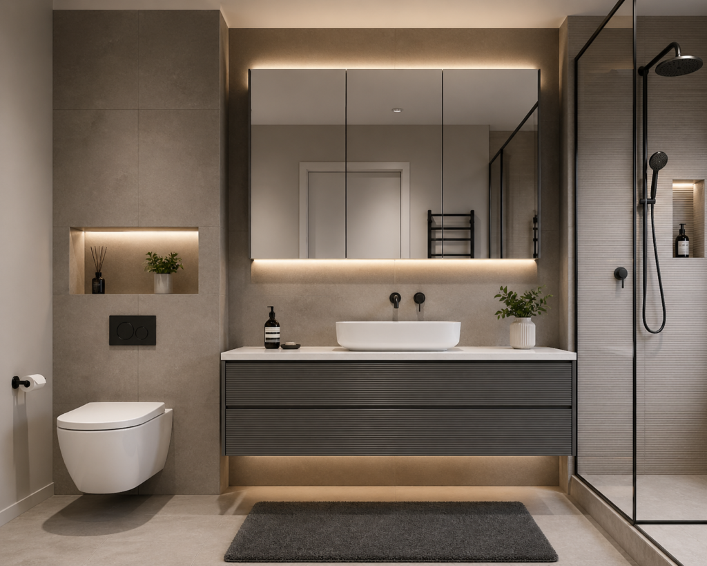 Modern bathroom with wall-mounted mirror cabinets and sleek floating vanity, ideal cabinets for the bathroom
