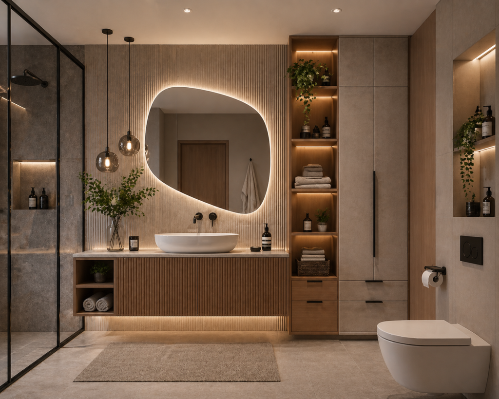 Unique bathroom with modern vanity and built-in storage units, stylish cabinets for the bathroom