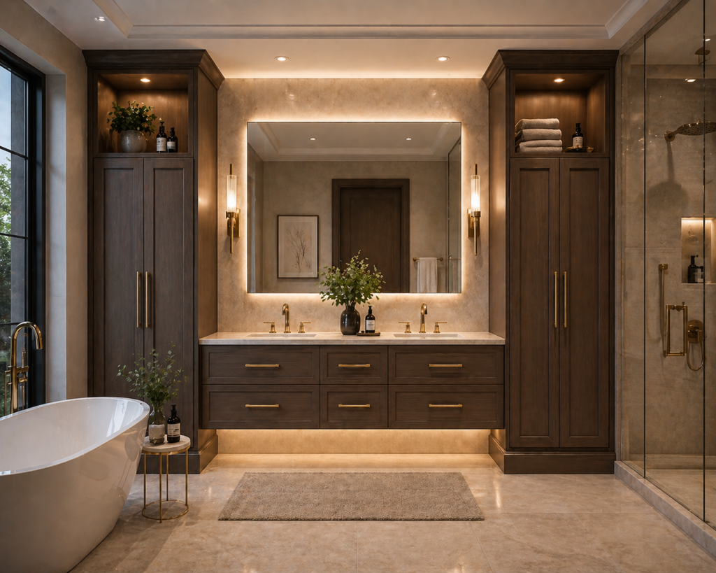 Luxury bathroom with tall linen cabinets and elegant storage, premium cabinets for the bathroom