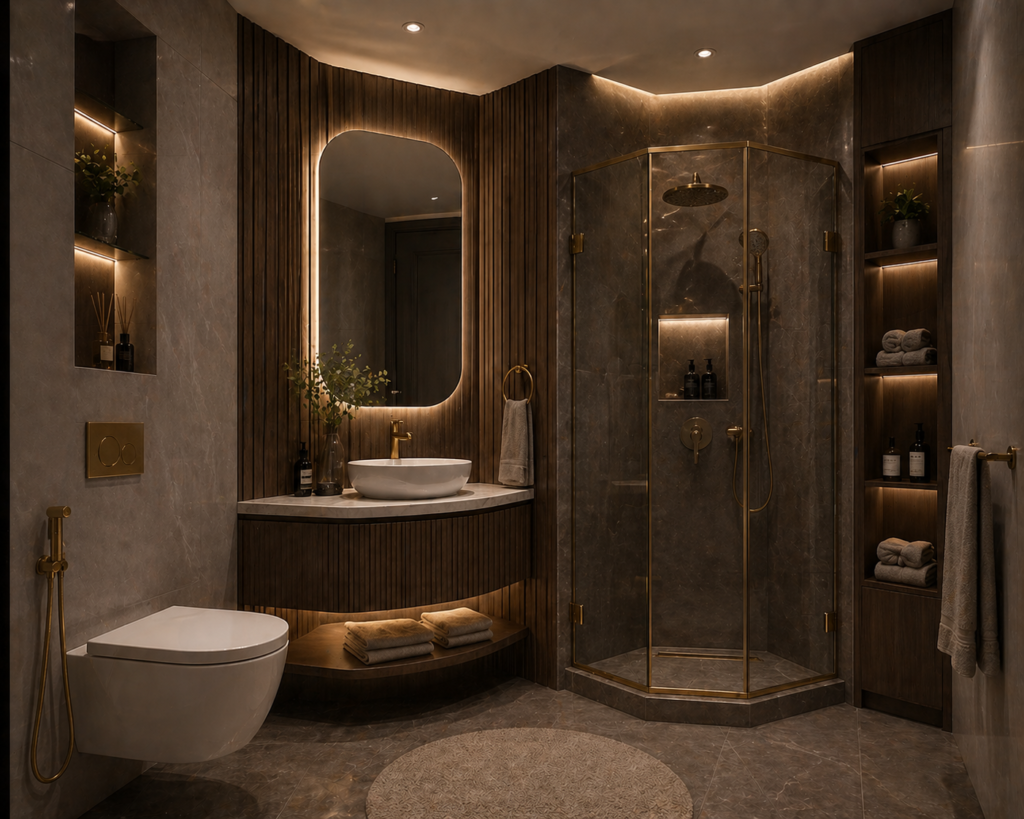 Luxury bathroom with tight corner layout, curved vanity, and smart cabinets for the bathroom