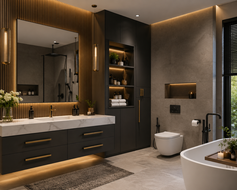 Luxury modern bathroom with black and gold cabinets for the bathroom, featuring floating vanity, marble countertop, and built-in storage shelves