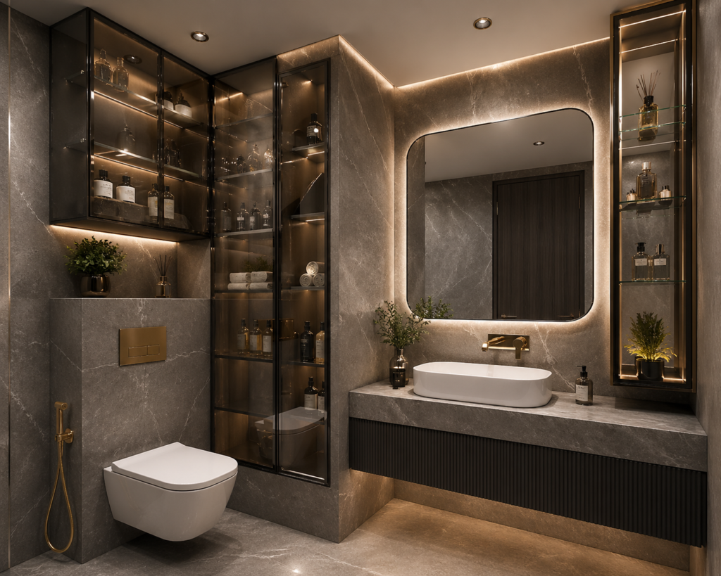 Luxury bathroom with unique glass wall-mounted cabinets for the bathroom, tight corner layout, marble walls, and warm ambient lighting.