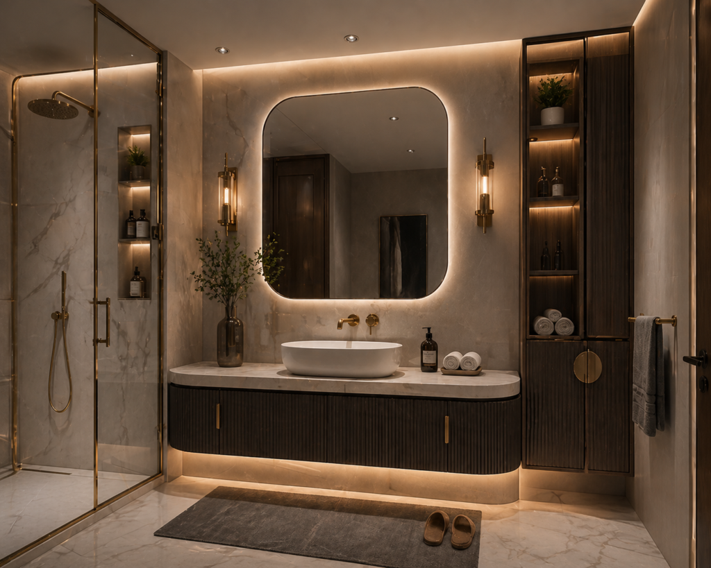 Unique luxury bathroom with cabinets for the bathroom under the sink, featuring a floating vanity, marble countertop, and warm ambient lighting.